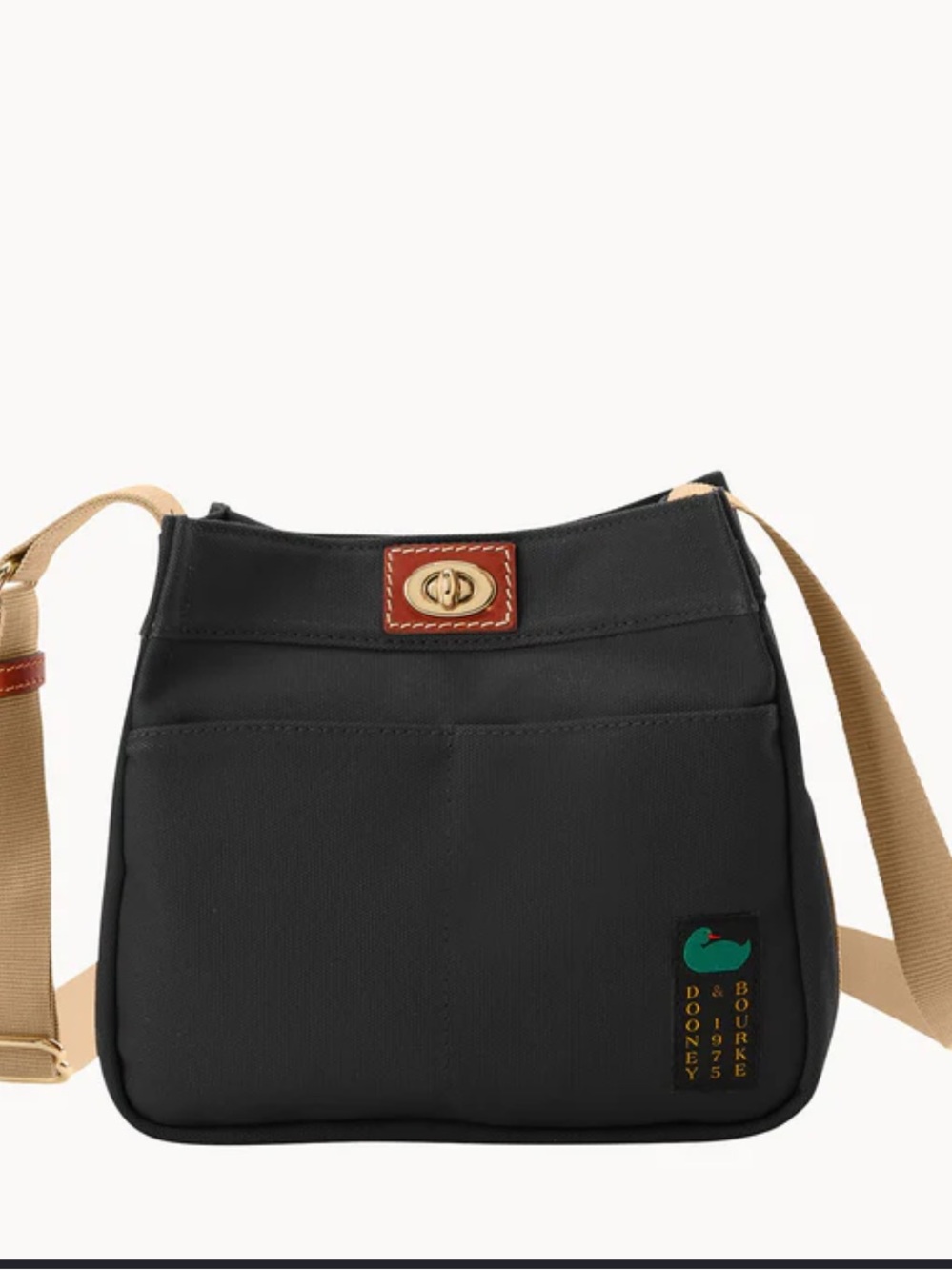 Dooney & Bourke Black Crossbody with Tan Strap and Brown Trim green duck label